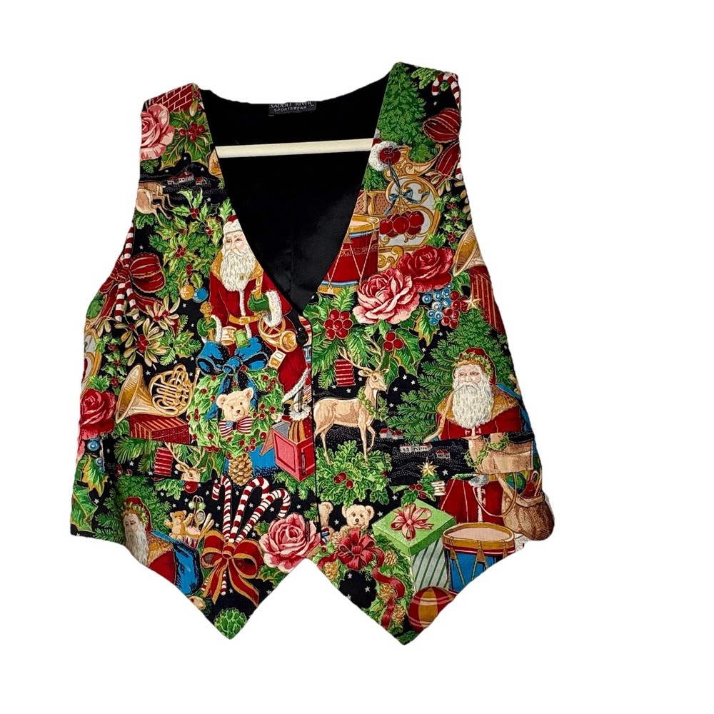 Christmas Vest Silky Fits Like A Med Womens Saddle River Sportswear Deer Santa N